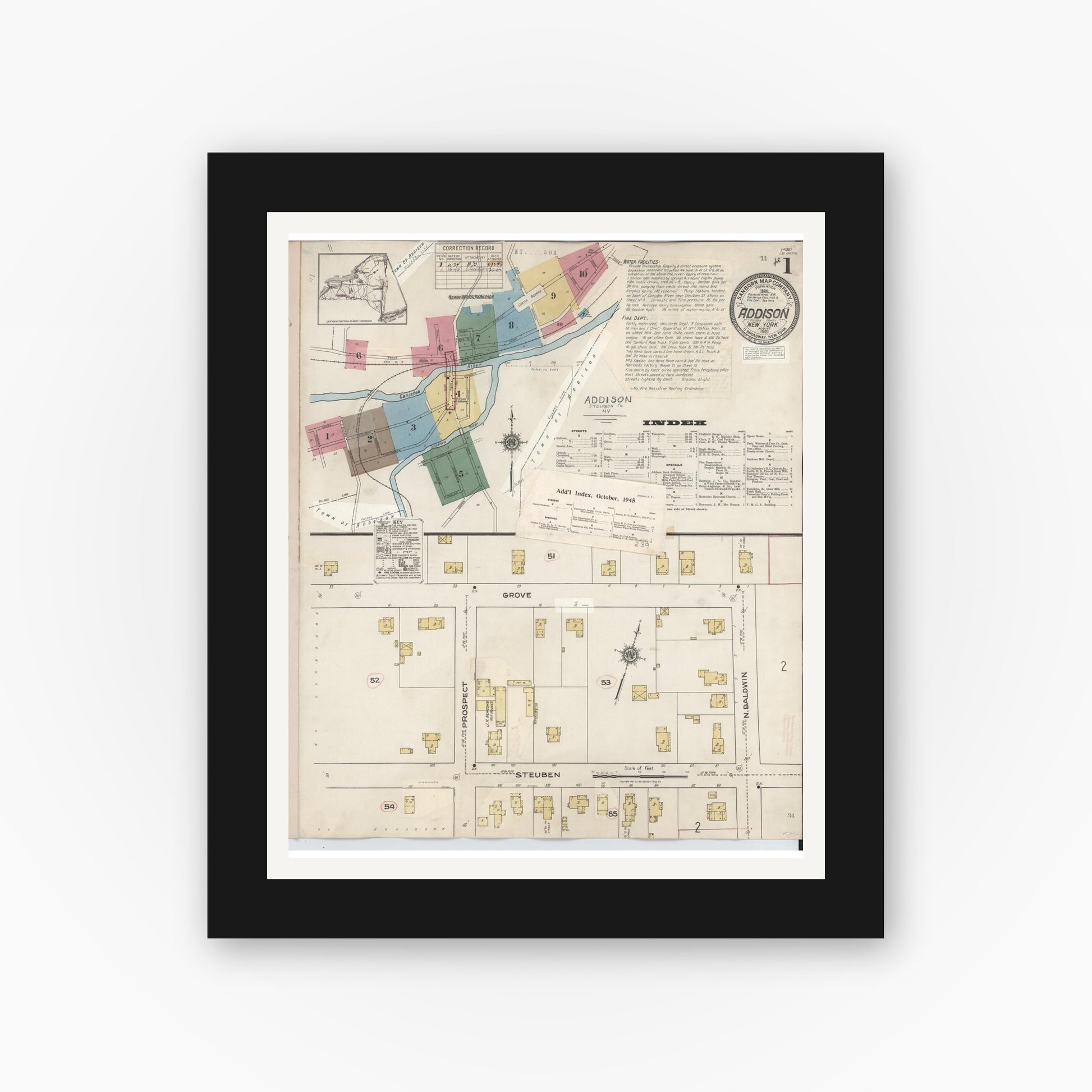 Old map wall art mockup — black gallery frame with white mat — Sanborn Fire Insurance Map from Addison, Steuben County, New York (1945) - Complete Map Set