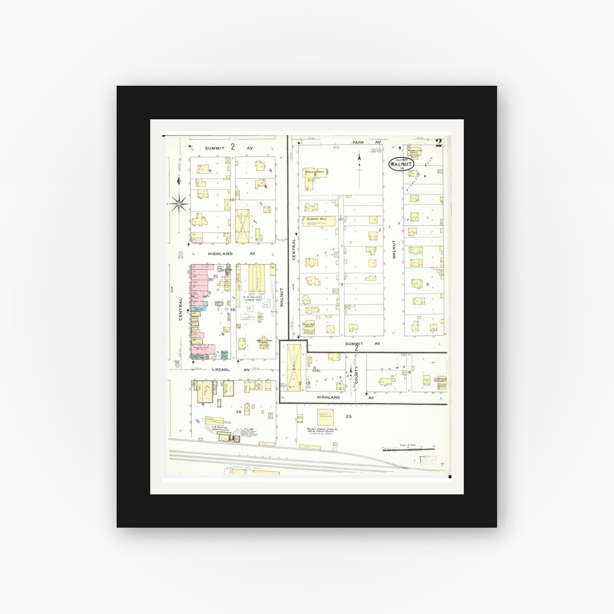 Old map wall art mockup — black gallery frame with white mat — Sanborn Fire Insurance Map from Walnut, Pottawattamie County, Iowa (1909), Sheet #0002