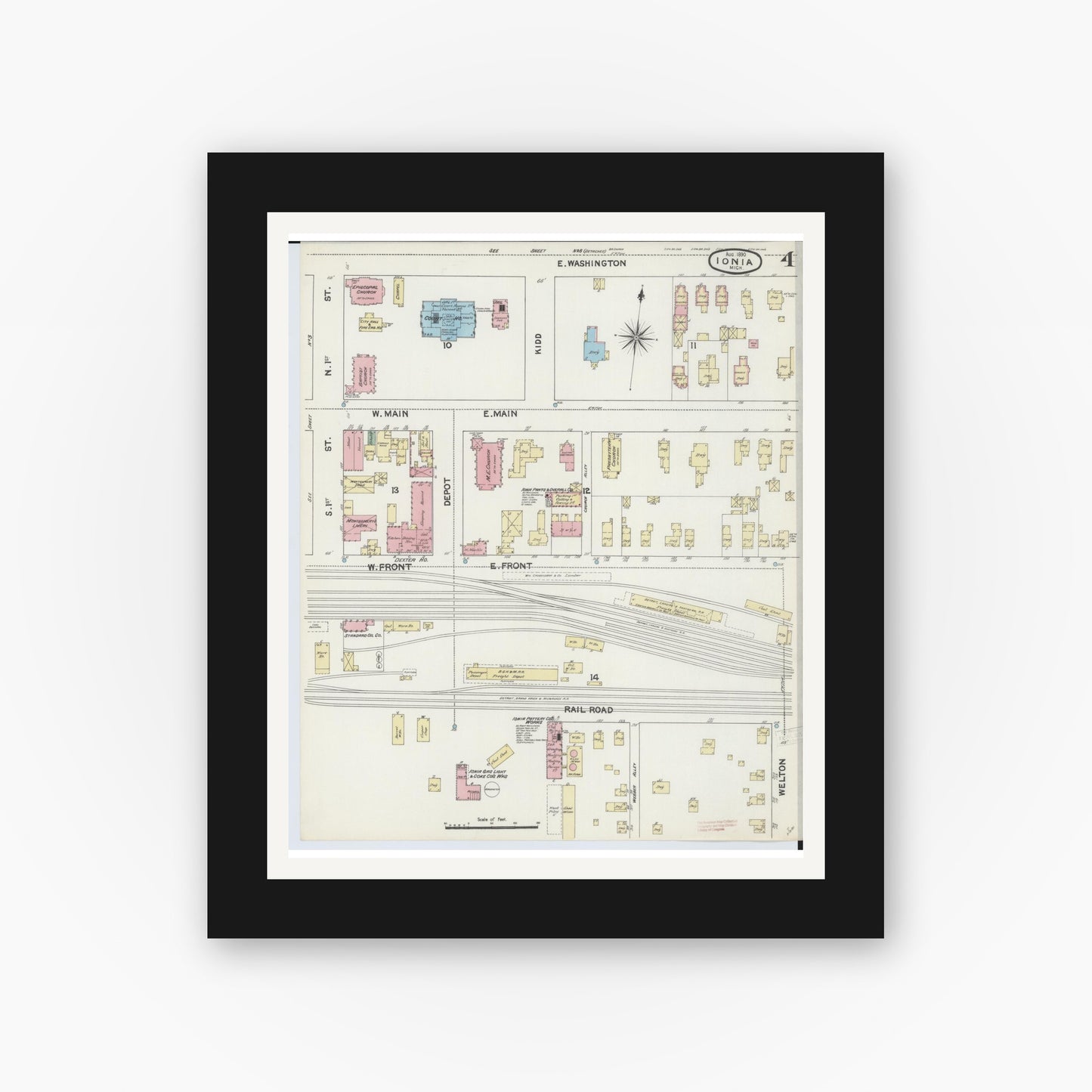 Old map wall art mockup — black gallery frame with white mat — Sanborn Fire Insurance Map from Ionia, Ionia County, Michigan (1890), Sheet #0004