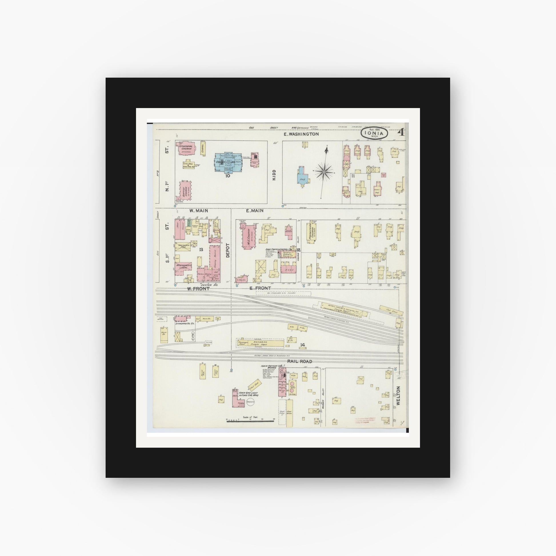 Old map wall art mockup — black gallery frame with white mat — Sanborn Fire Insurance Map from Ionia, Ionia County, Michigan (1890), Sheet #0004