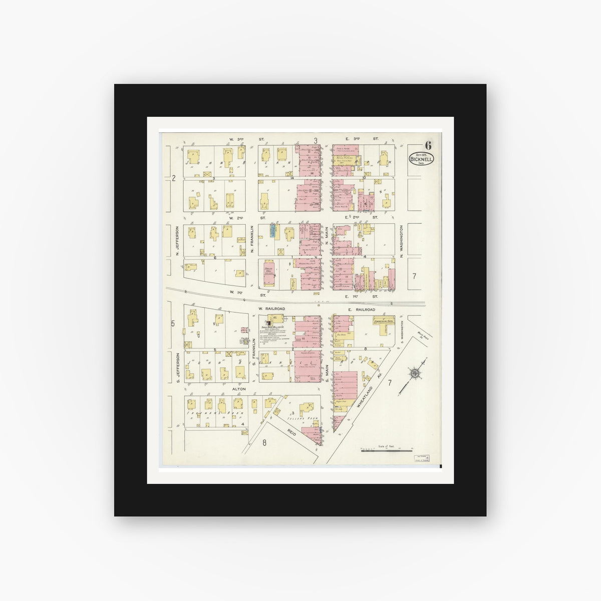 Old map wall art mockup — black gallery frame with white mat — Sanborn Fire Insurance Map from Bicknell, Knox County, Indiana (1915), Sheet #0006