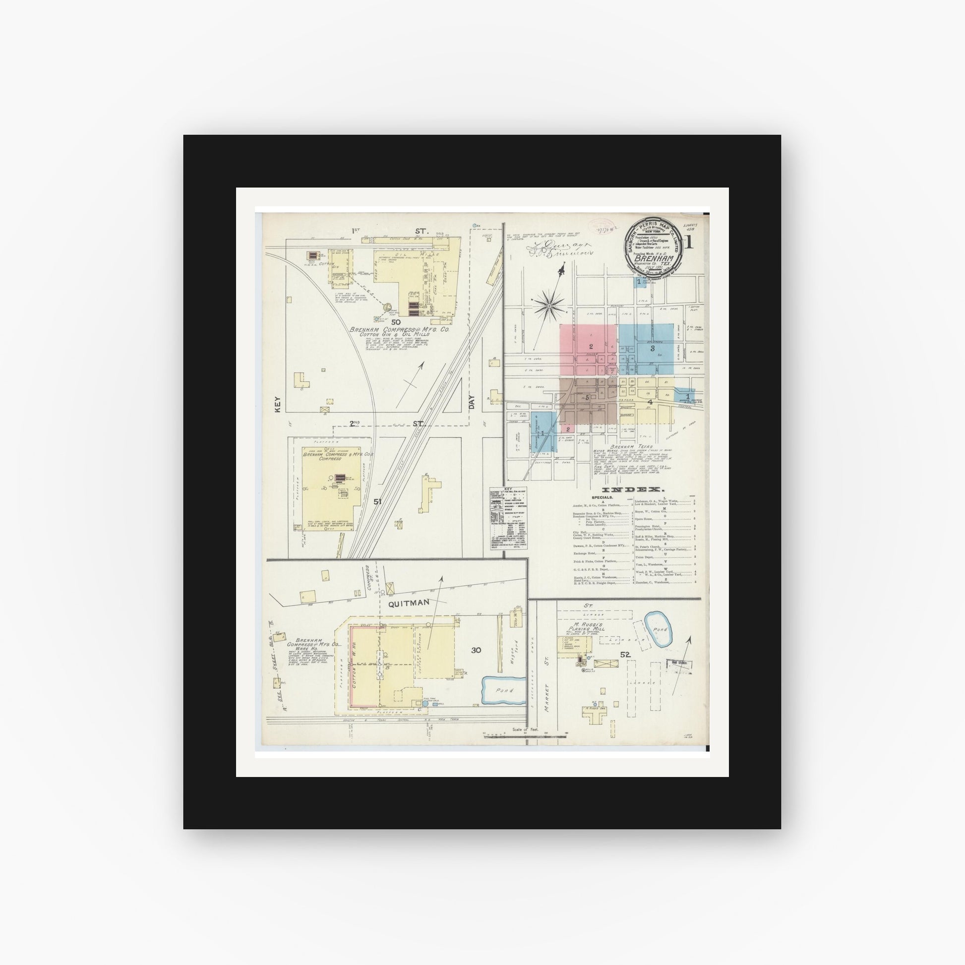 Old map wall art mockup — black gallery frame with white mat — Sanborn Fire Insurance Map from Brenham, Washington County, Texas (1891), Sheet #0001