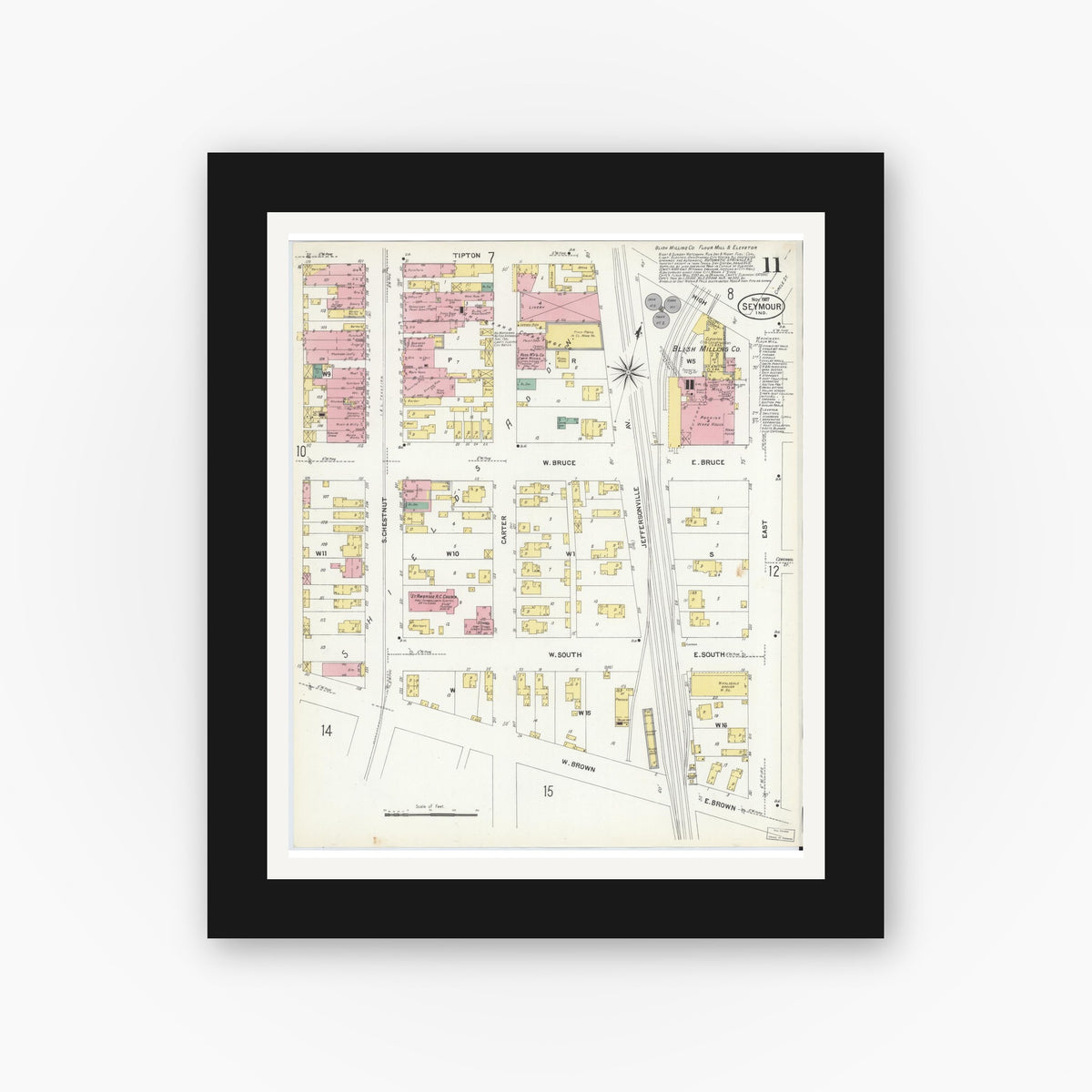 Old map wall art mockup — black gallery frame with white mat — Sanborn Fire Insurance Map from Seymour, Jackson County, Indiana (1907), Sheet #0011