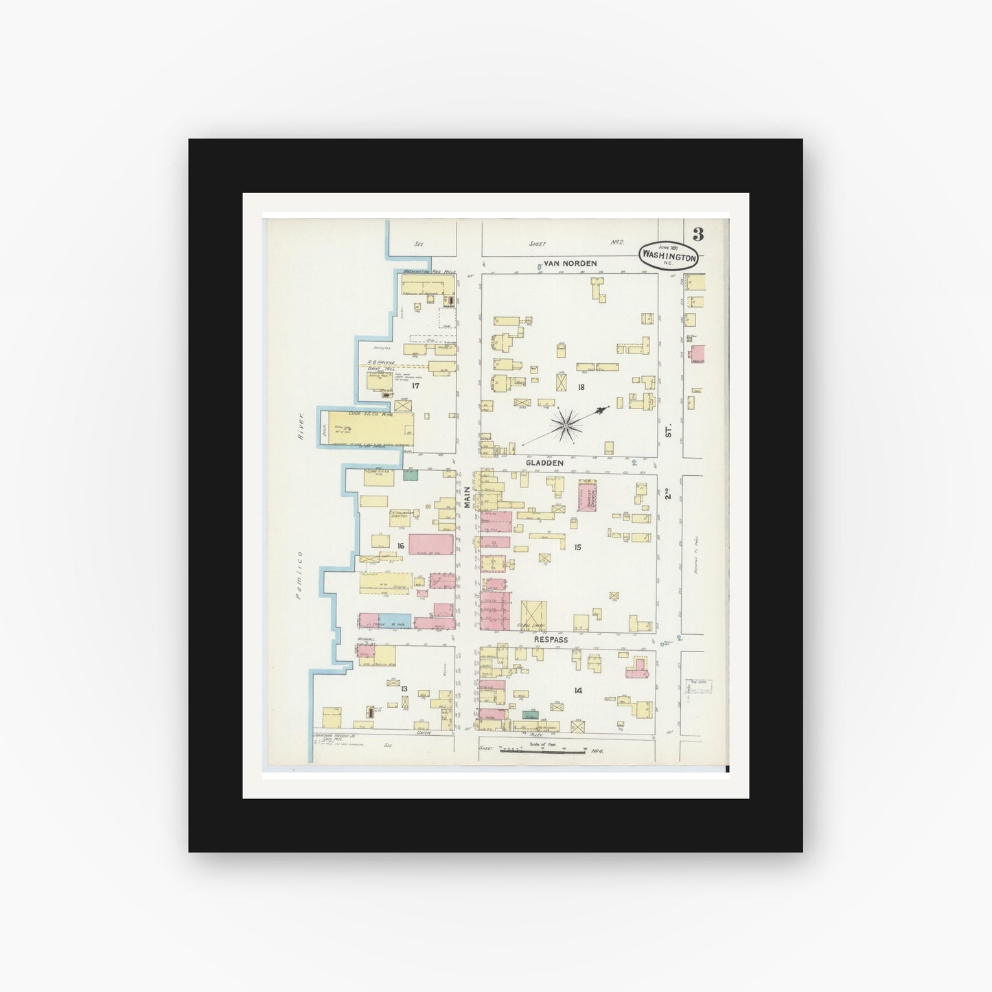 Old map wall art mockup — black gallery frame with white mat — Sanborn Fire Insurance Map from Washington, Beaufort County, North Carolina (1891), Sheet #0003