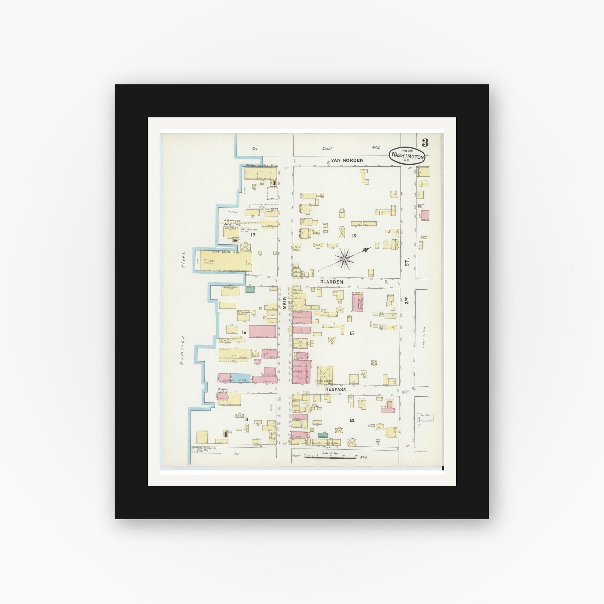 Old map wall art mockup — black gallery frame with white mat — Sanborn Fire Insurance Map from Washington, Beaufort County, North Carolina (1891), Sheet #0003