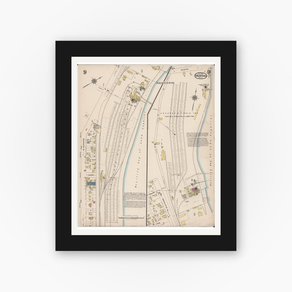 Old map wall art mockup — black gallery frame with white mat — Sanborn Fire Insurance Map from Munising, Alger County, Michigan (1923), Sheet #0009