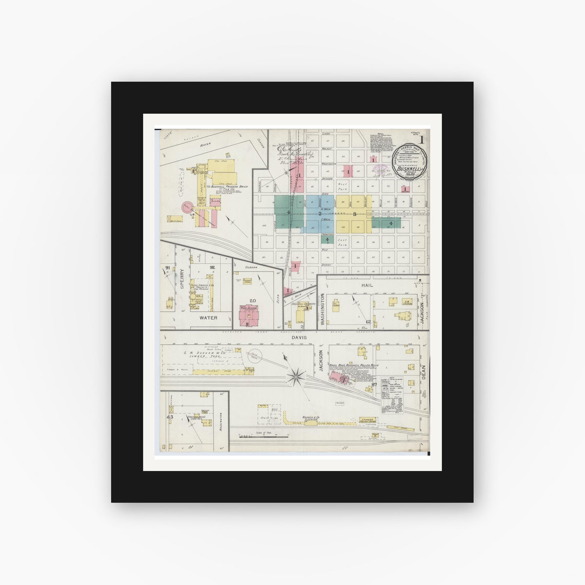 Old map wall art mockup — black gallery frame with white mat — Sanborn Fire Insurance Map from Bushnell, Mcdonough County, Illinois (1893) - Complete Map Set