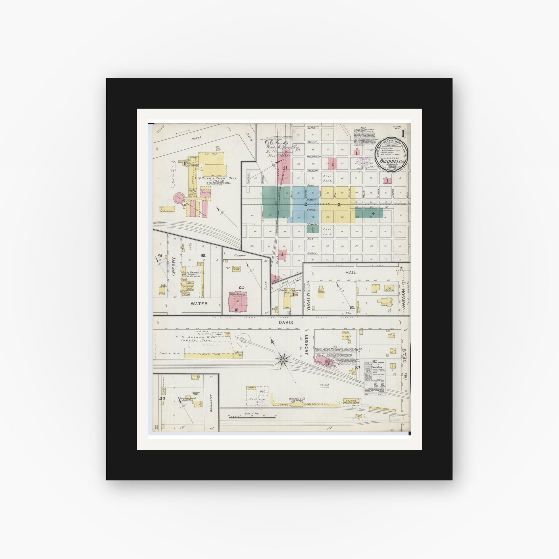 Old map wall art mockup — black gallery frame with white mat — Sanborn Fire Insurance Map from Bushnell, Mcdonough County, Illinois (1893) - Complete Map Set