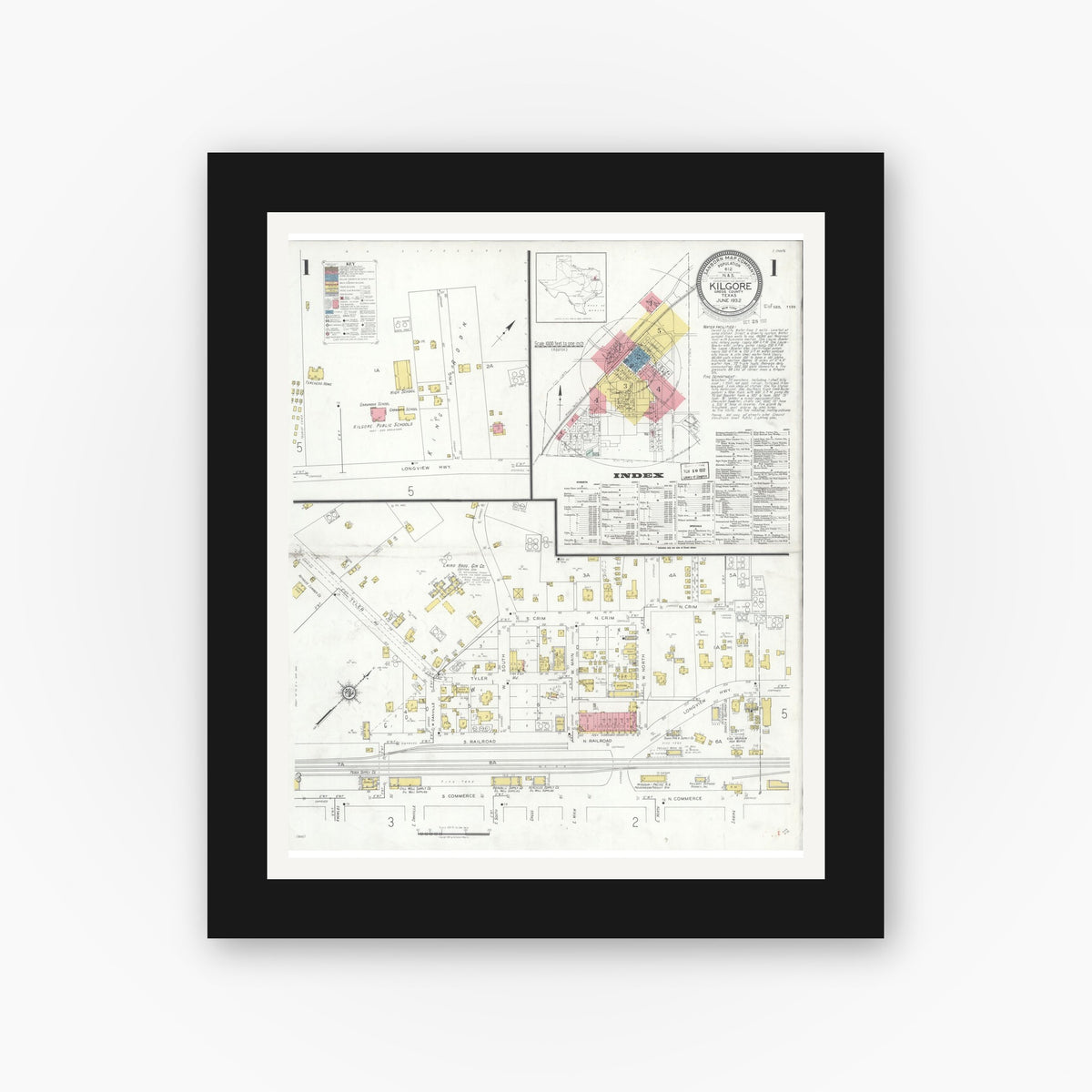 Old map wall art mockup — black gallery frame with white mat — Sanborn Fire Insurance Map from Kilgore, Gregg County, Texas (1932), Sheet #0001
