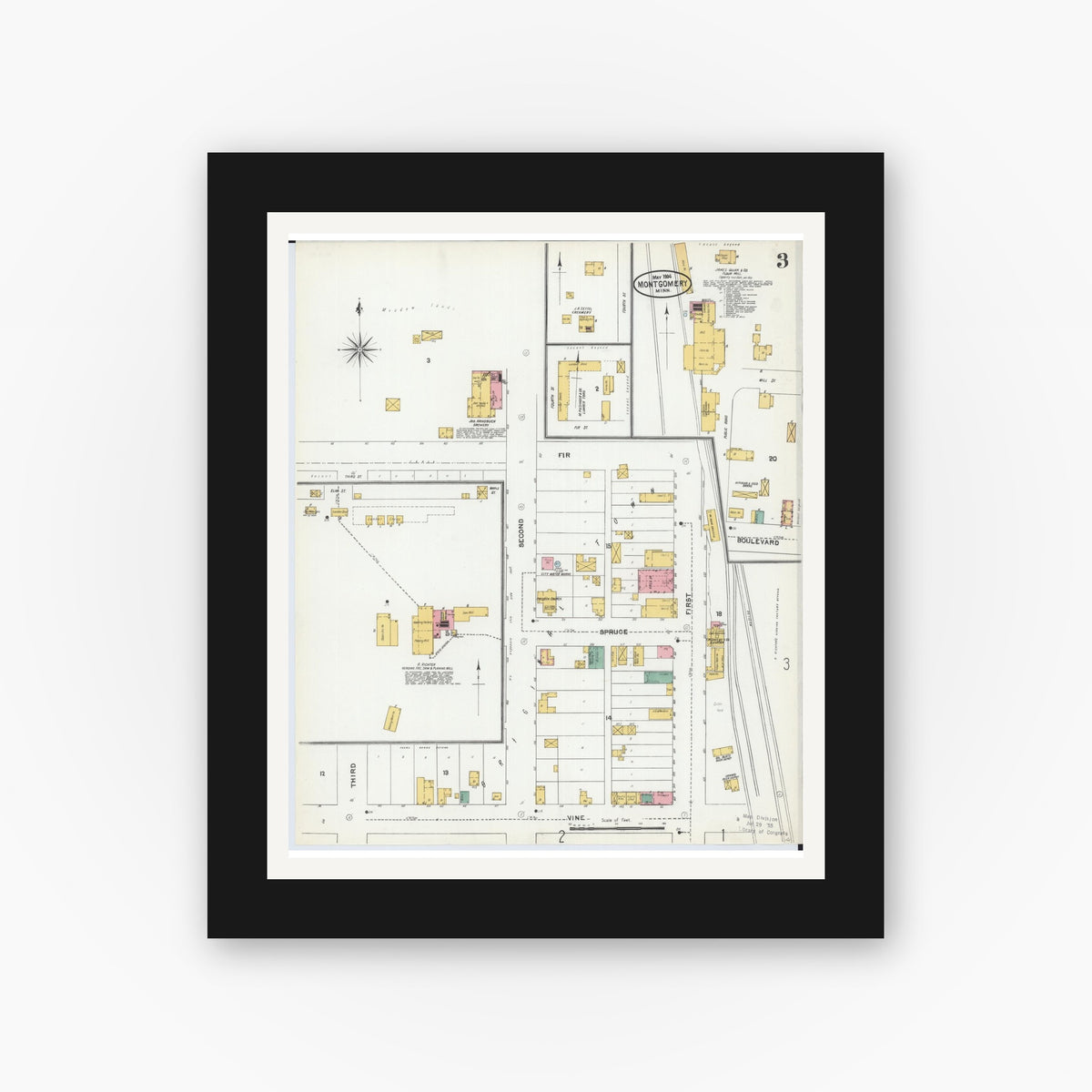 Old map wall art mockup — black gallery frame with white mat — Sanborn Fire Insurance Map from Montgomery, Le Sueur  County, Minnesota (1904), Sheet #0003