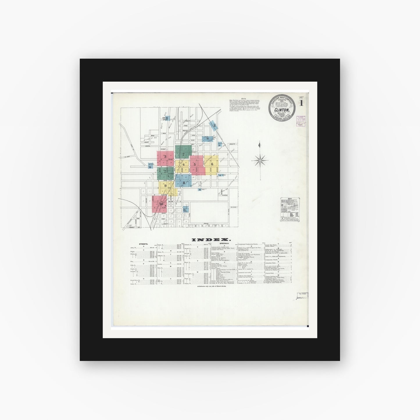 Old map wall art mockup — black gallery frame with white mat — Sanborn Fire Insurance Map from Clinton, Henry County, Missouri (1902) - Complete Map Set