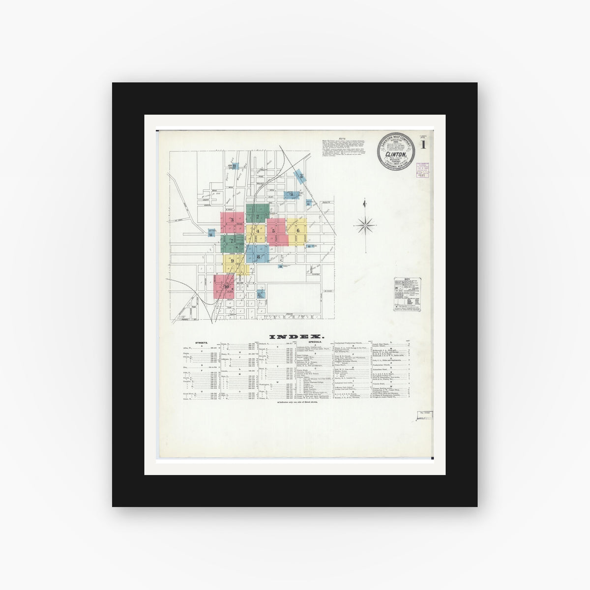 Old map wall art mockup — black gallery frame with white mat — Sanborn Fire Insurance Map from Clinton, Henry County, Missouri (1902) - Complete Map Set