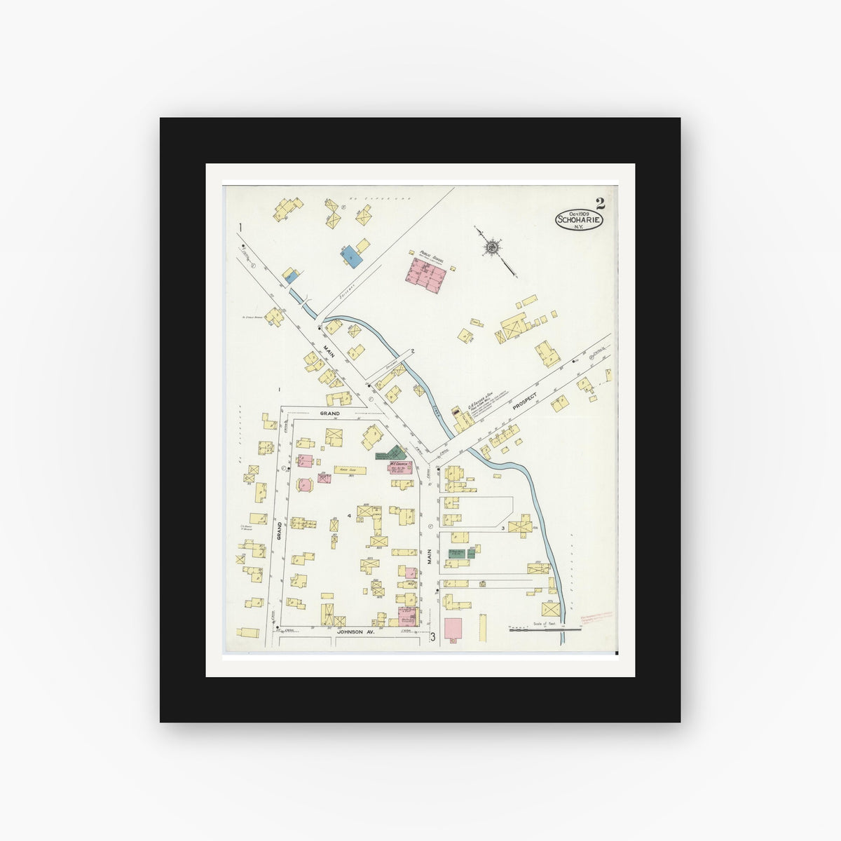 Old map wall art mockup — black gallery frame with white mat — Sanborn Fire Insurance Map from Schoharie, Schoharie County, New York (1909), Sheet #0002