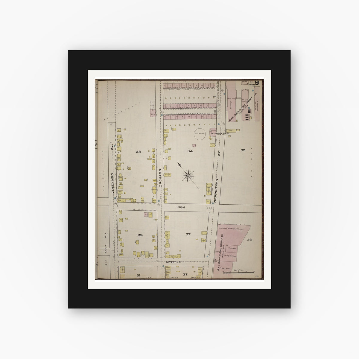 Old map wall art mockup — black gallery frame with white mat — Sanborn Fire Insurance Map from Yonkers, Westchester County, New York (1886), Sheet #0009