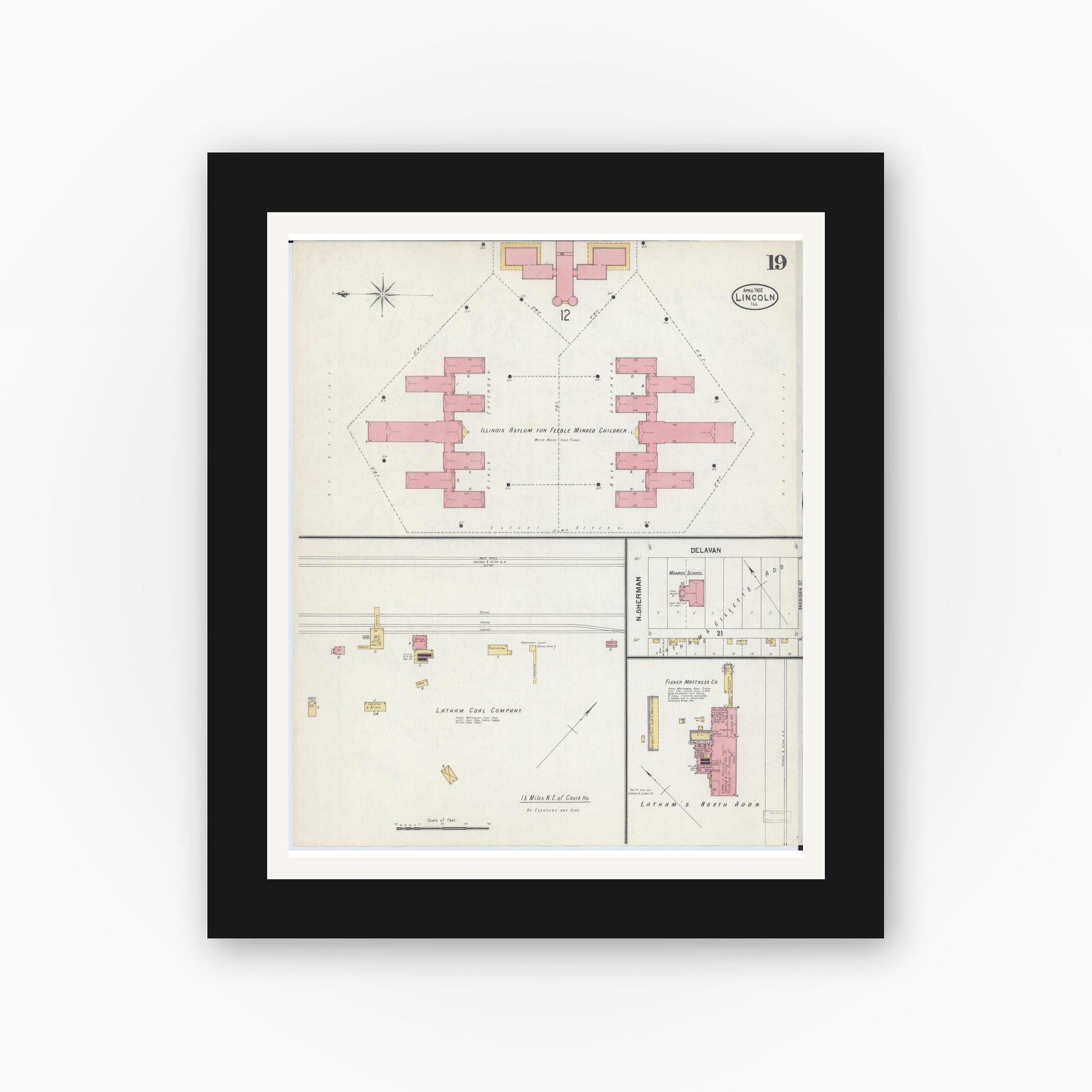 Old map wall art mockup — black gallery frame with white mat — Sanborn Fire Insurance Map from Lincoln, Logan County, Illinois (1902), Sheet #0019