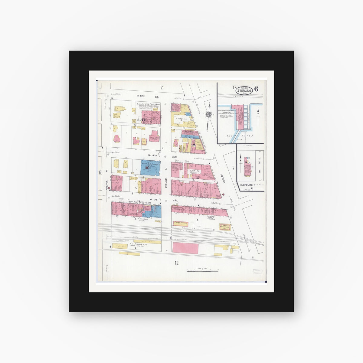 Old map wall art mockup — black gallery frame with white mat — Sanborn Fire Insurance Map from Sterling, Whiteside County, Illinois (1916), Sheet #0006