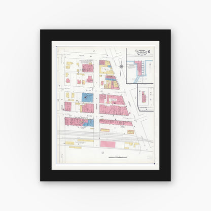 Old map wall art mockup — black gallery frame with white mat — Sanborn Fire Insurance Map from Sterling, Whiteside County, Illinois (1916), Sheet #0006