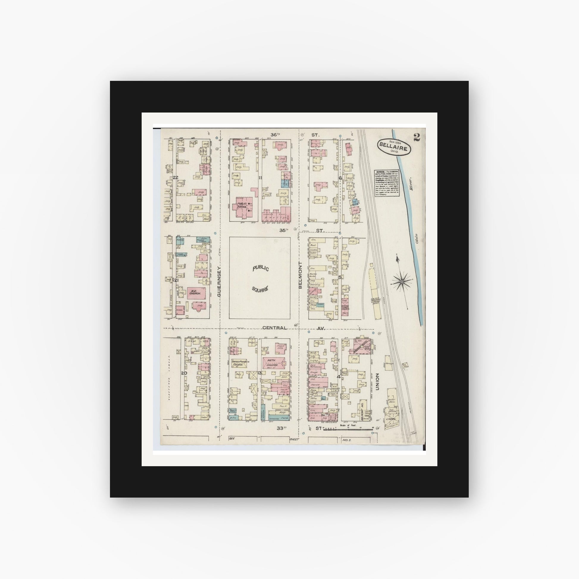 Old map wall art mockup — black gallery frame with white mat — Sanborn Fire Insurance Map from Bellaire, Belmont County, Ohio (1884), Sheet #0002
