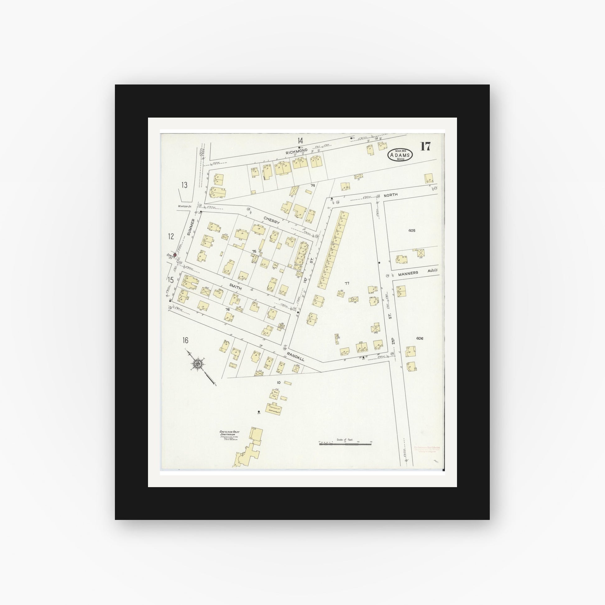 Old map wall art mockup — black gallery frame with white mat — Sanborn Fire Insurance Map from Adams, Berkshire County, Massachusetts (1914), Sheet #0017