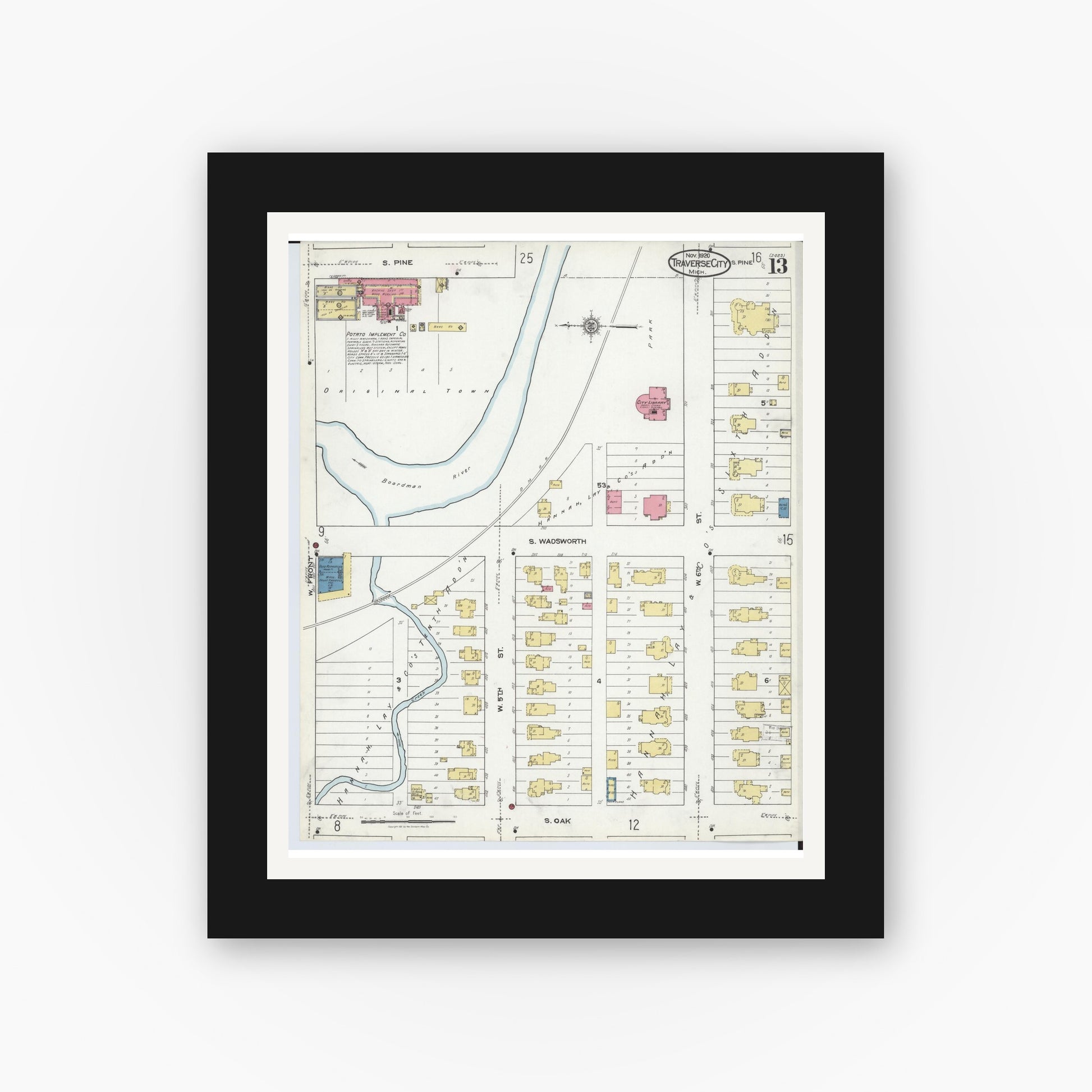 Old map wall art mockup — black gallery frame with white mat — Sanborn Fire Insurance Map from Traverse City, Grand Traverse County, Michigan (1920), Sheet #0013