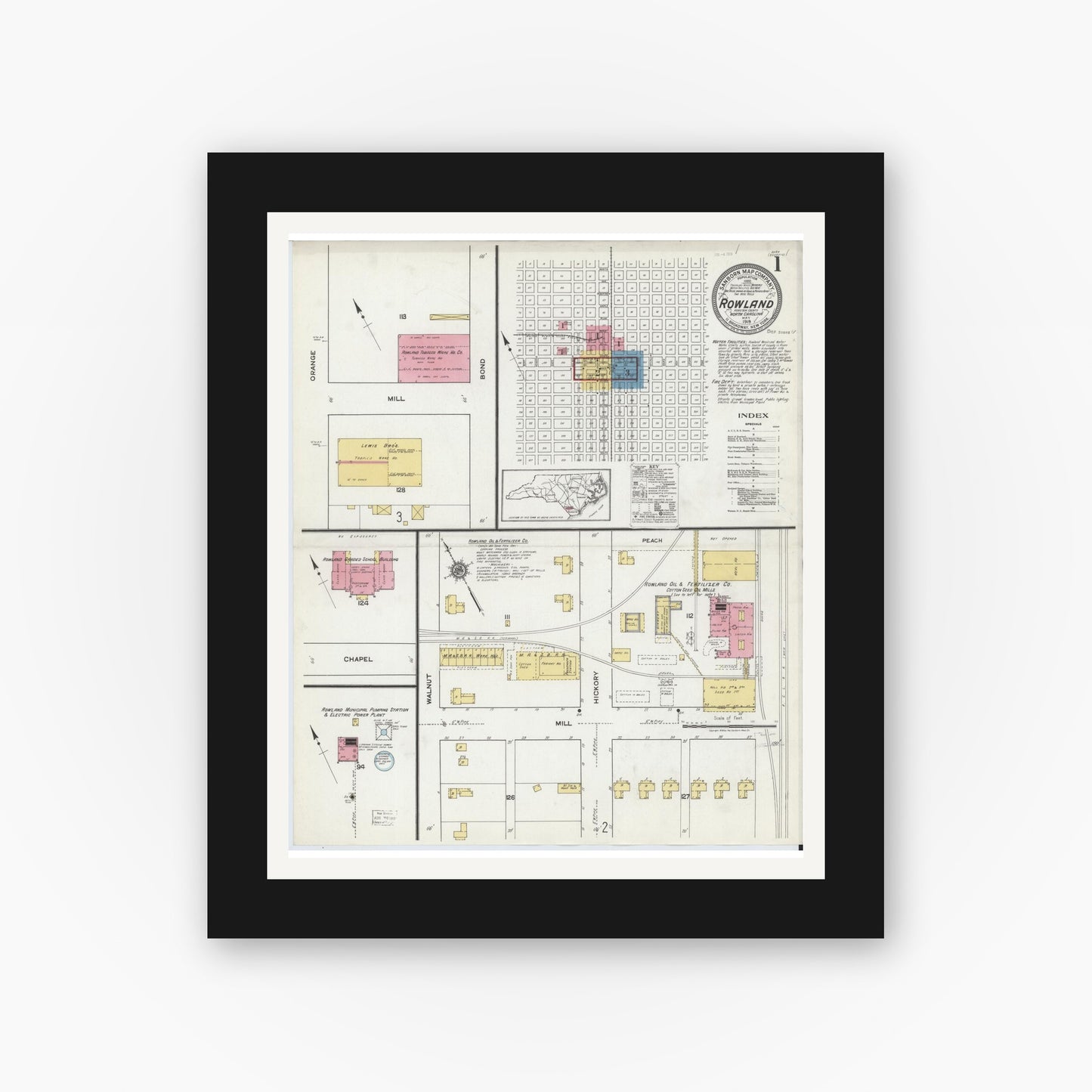 Old map wall art mockup — black gallery frame with white mat — Sanborn Fire Insurance Map from Rowland, Robeson County, North Carolina (1919) - Complete Map Set