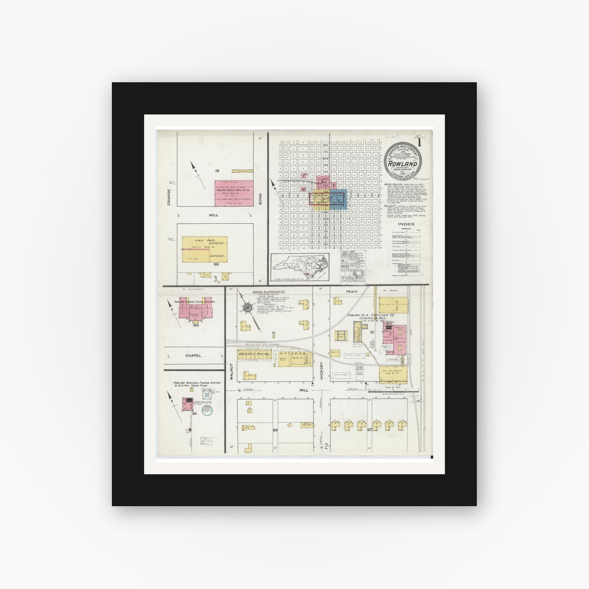 Old map wall art mockup — black gallery frame with white mat — Sanborn Fire Insurance Map from Rowland, Robeson County, North Carolina (1919) - Complete Map Set