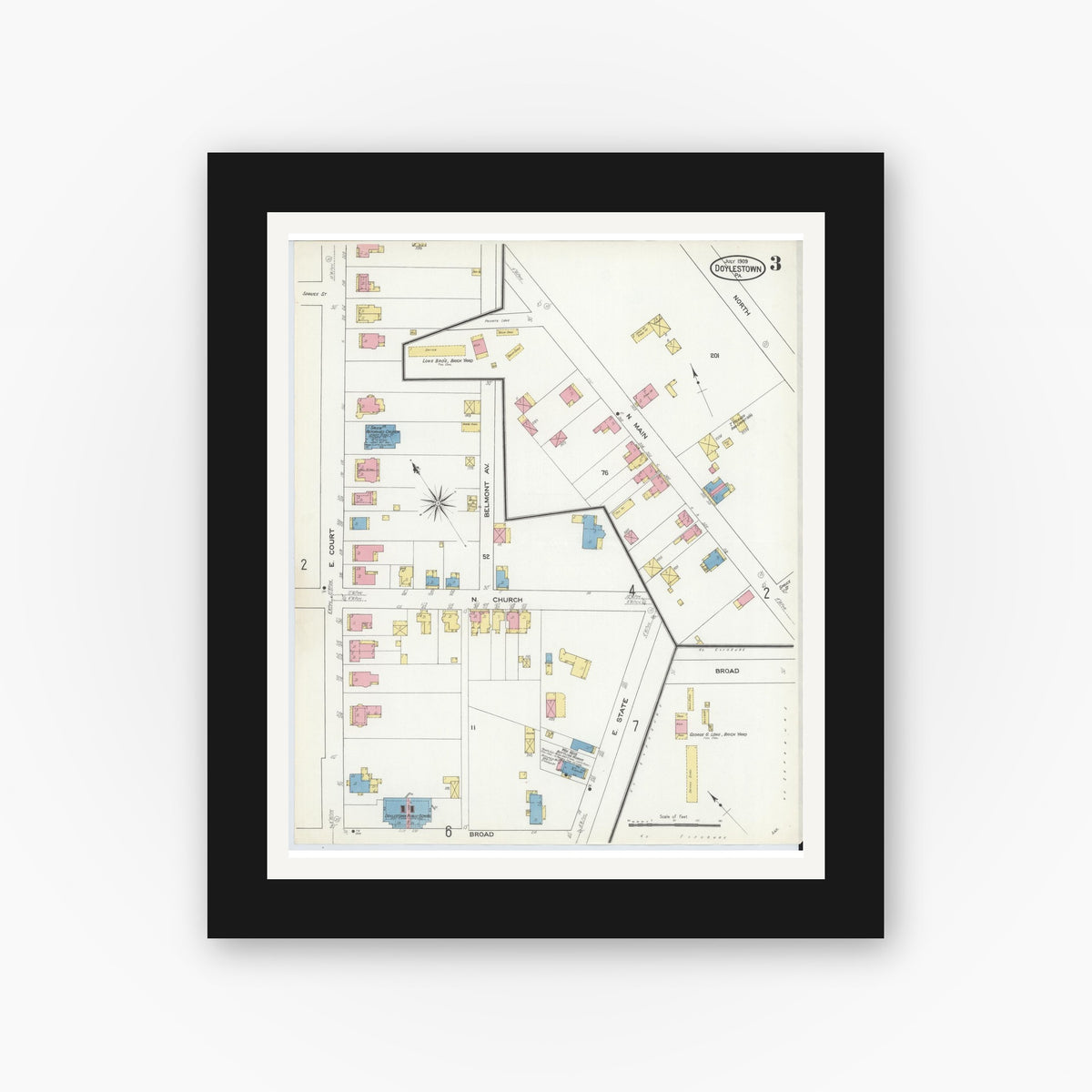 Old map wall art mockup — black gallery frame with white mat — Sanborn Fire Insurance Map from Doylestown, Bucks County, Pennsylvania (1909), Sheet #0003