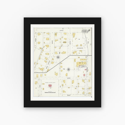 Old map wall art mockup — black gallery frame with white mat — Sanborn Fire Insurance Map from Jacksonville, Cherokee County, Texas (1906), Sheet #0006