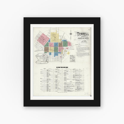 Old map wall art mockup — black gallery frame with white mat — Sanborn Fire Insurance Map from Terrell, Kaufman County, Texas (1921), Sheet #0001