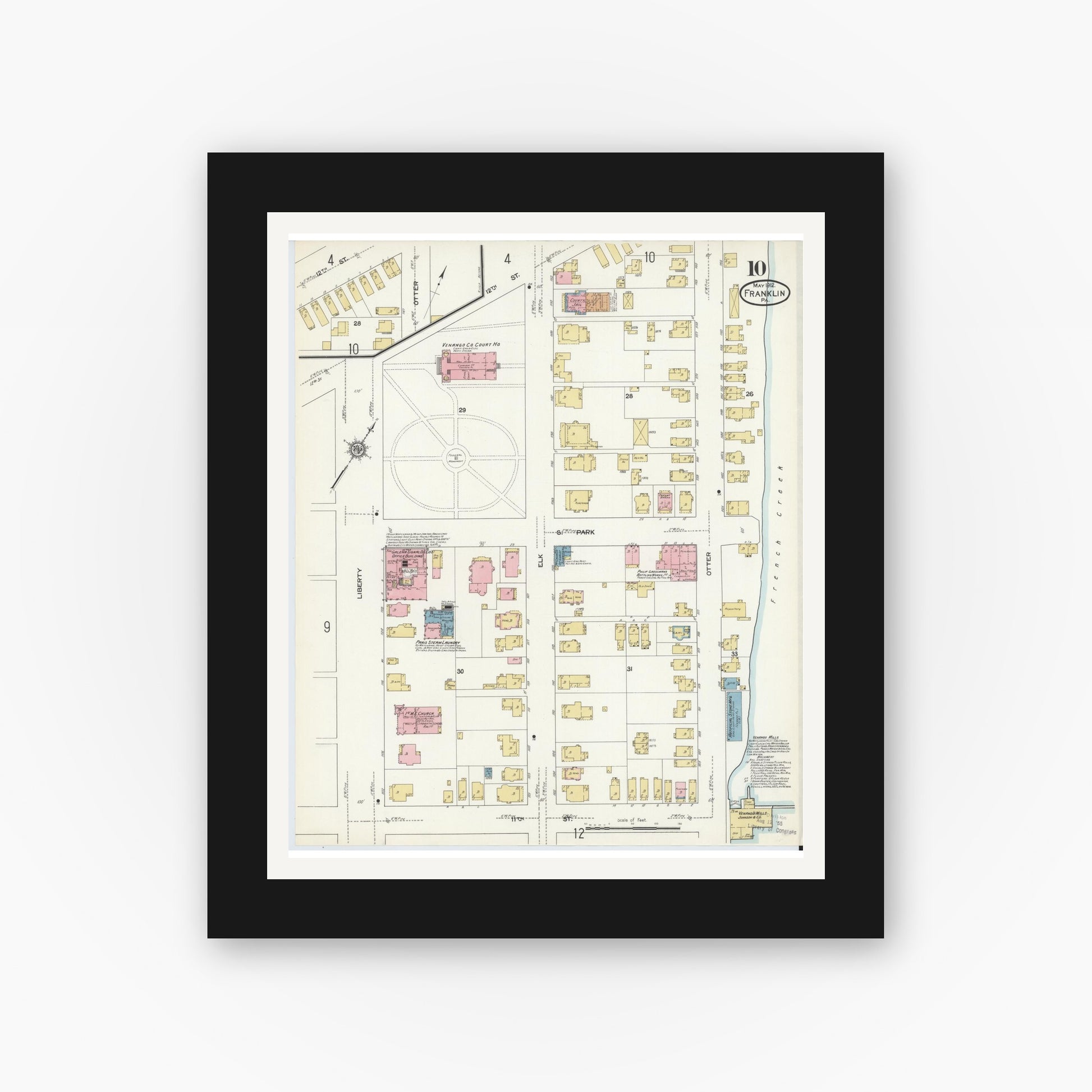 Old map wall art mockup — black gallery frame with white mat — Sanborn Fire Insurance Map from Franklin, Venango County, Pennsylvania (1912), Sheet #0010