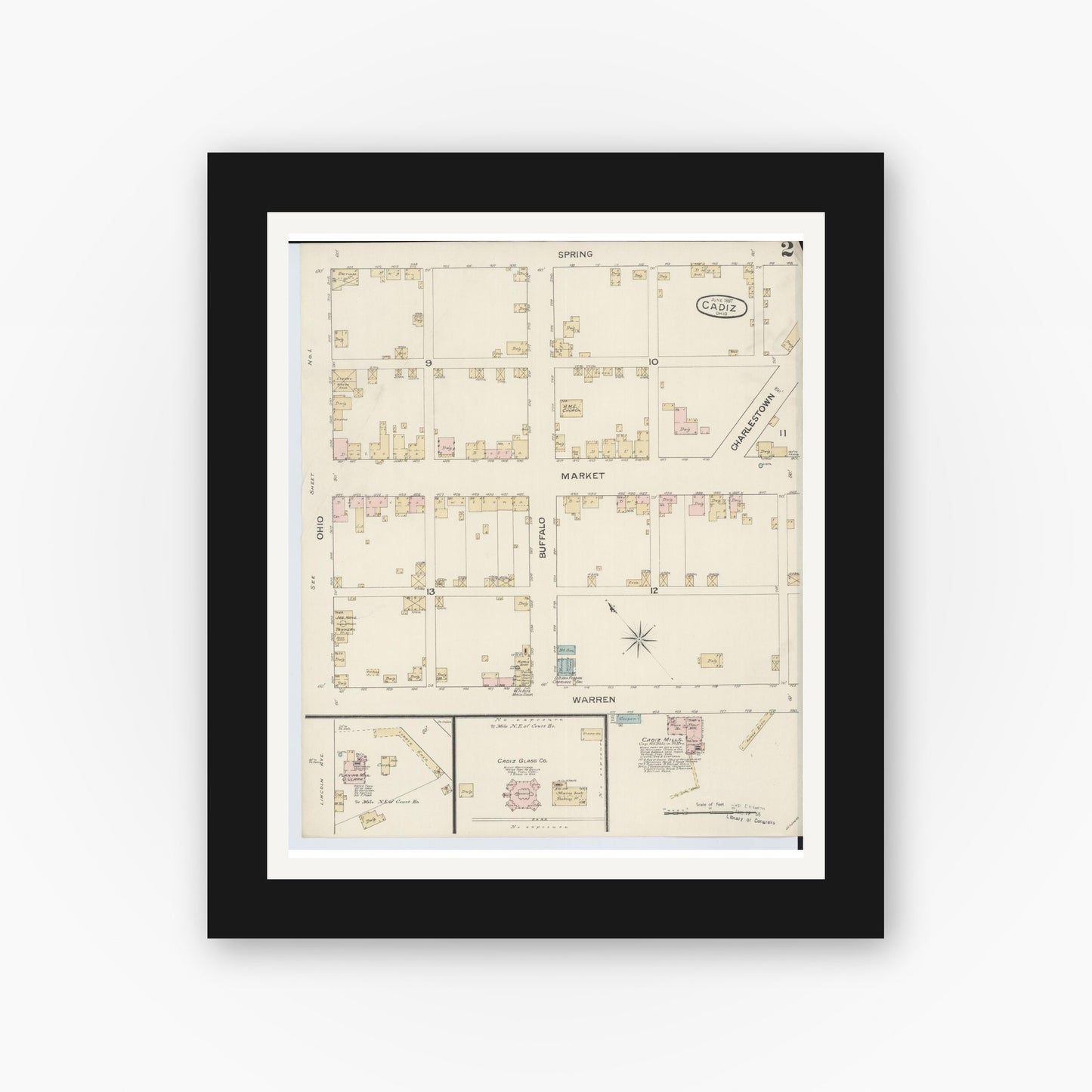 Old map wall art mockup — black gallery frame with white mat — Sanborn Fire Insurance Map from Cadiz, Harrison County, Ohio (1887), Sheet #0002