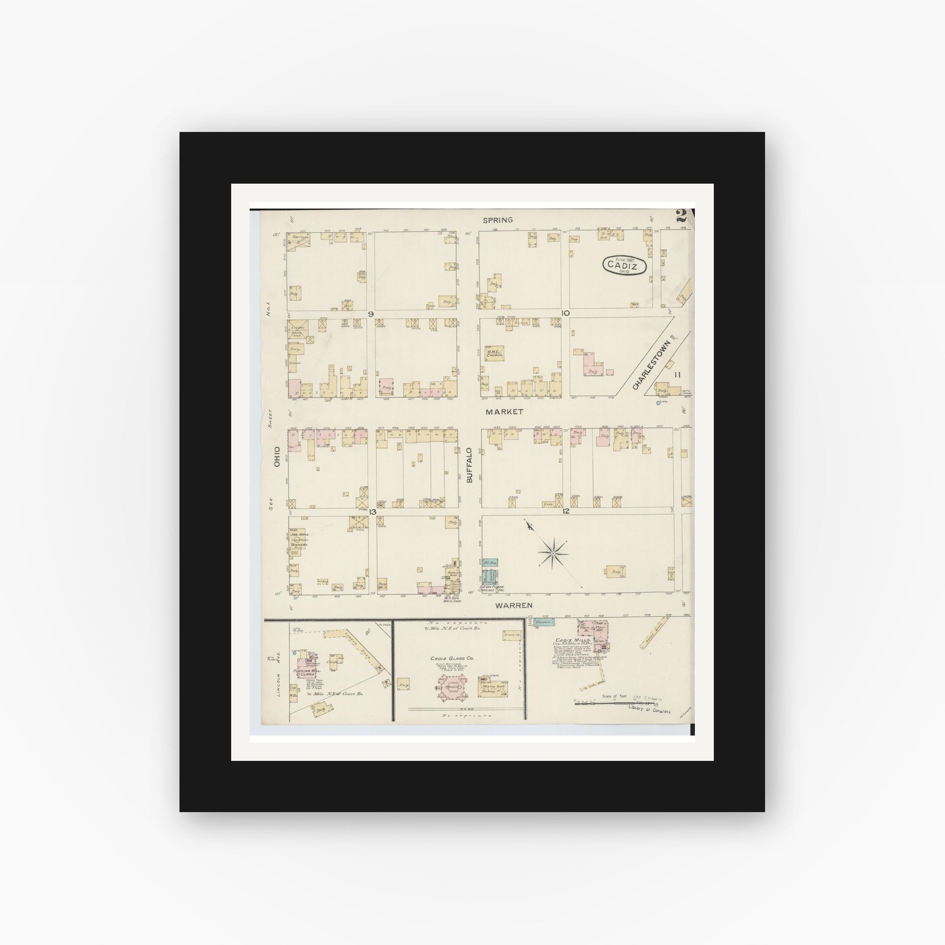 Old map wall art mockup — black gallery frame with white mat — Sanborn Fire Insurance Map from Cadiz, Harrison County, Ohio (1887), Sheet #0002