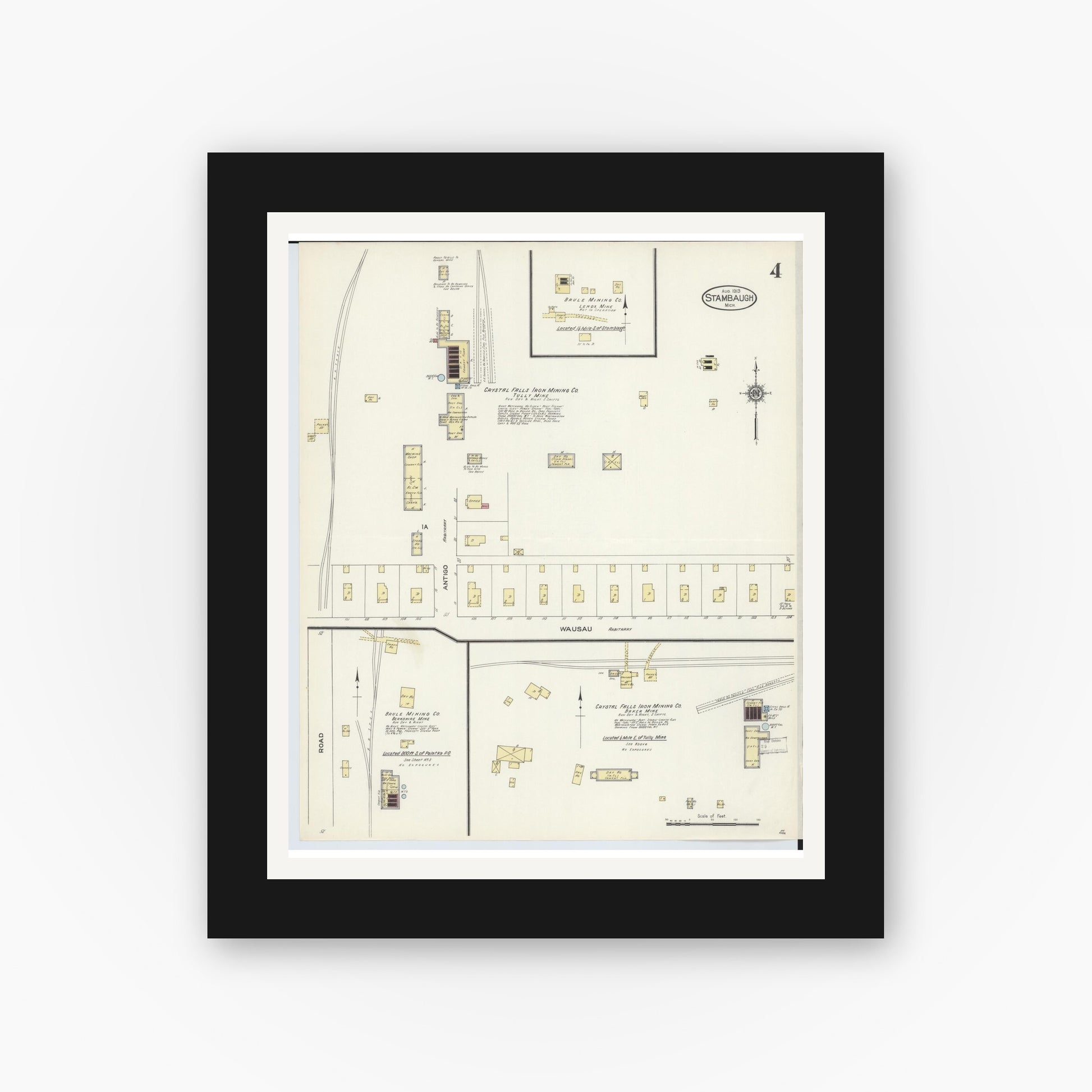 Old map wall art mockup — black gallery frame with white mat — Sanborn Fire Insurance Map from Stambaugh, Iron County, Michigan (1913), Sheet #0004