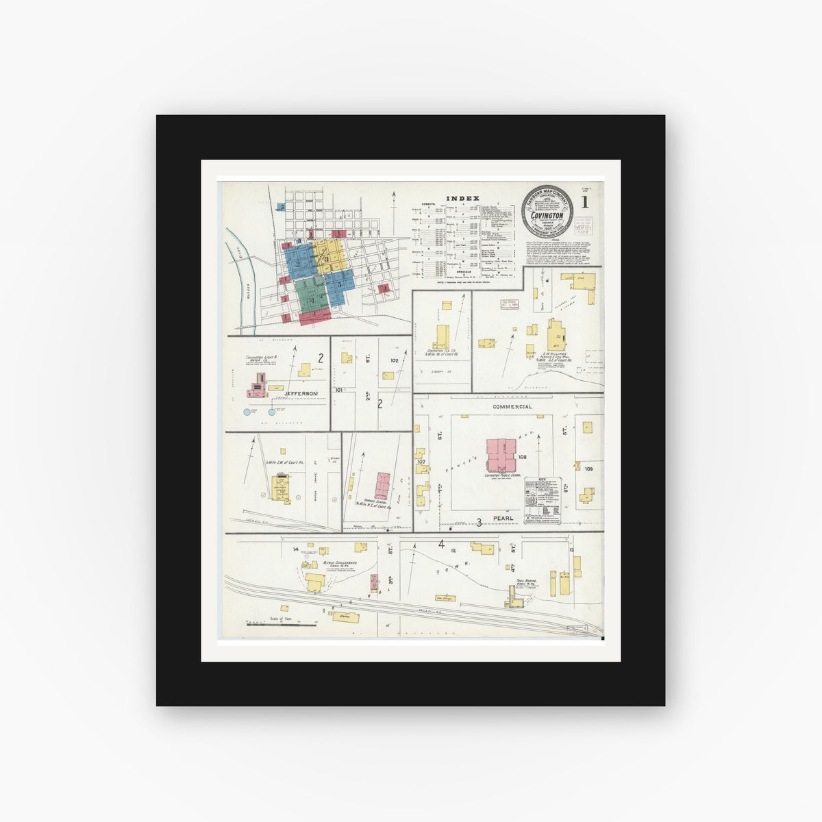 Old map wall art mockup — black gallery frame with white mat — Sanborn Fire Insurance Map from Covington, Fountain County, Indiana (1905), Sheet #0001