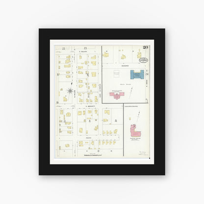 Old map wall art mockup — black gallery frame with white mat — Sanborn Fire Insurance Map from Sherman, Grayson County, Texas (1908), Sheet #0020