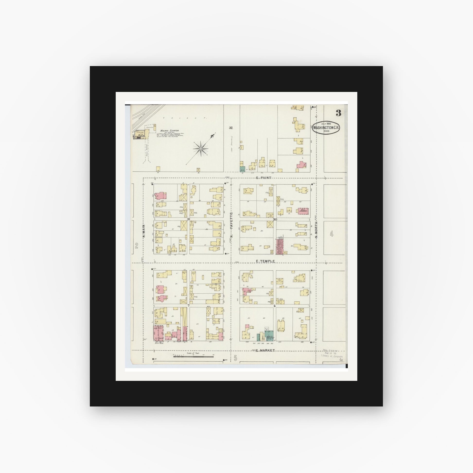 Old map wall art mockup — black gallery frame with white mat — Sanborn Fire Insurance Map from Washington Court House, Fayette County, Ohio (1895), Sheet #0003