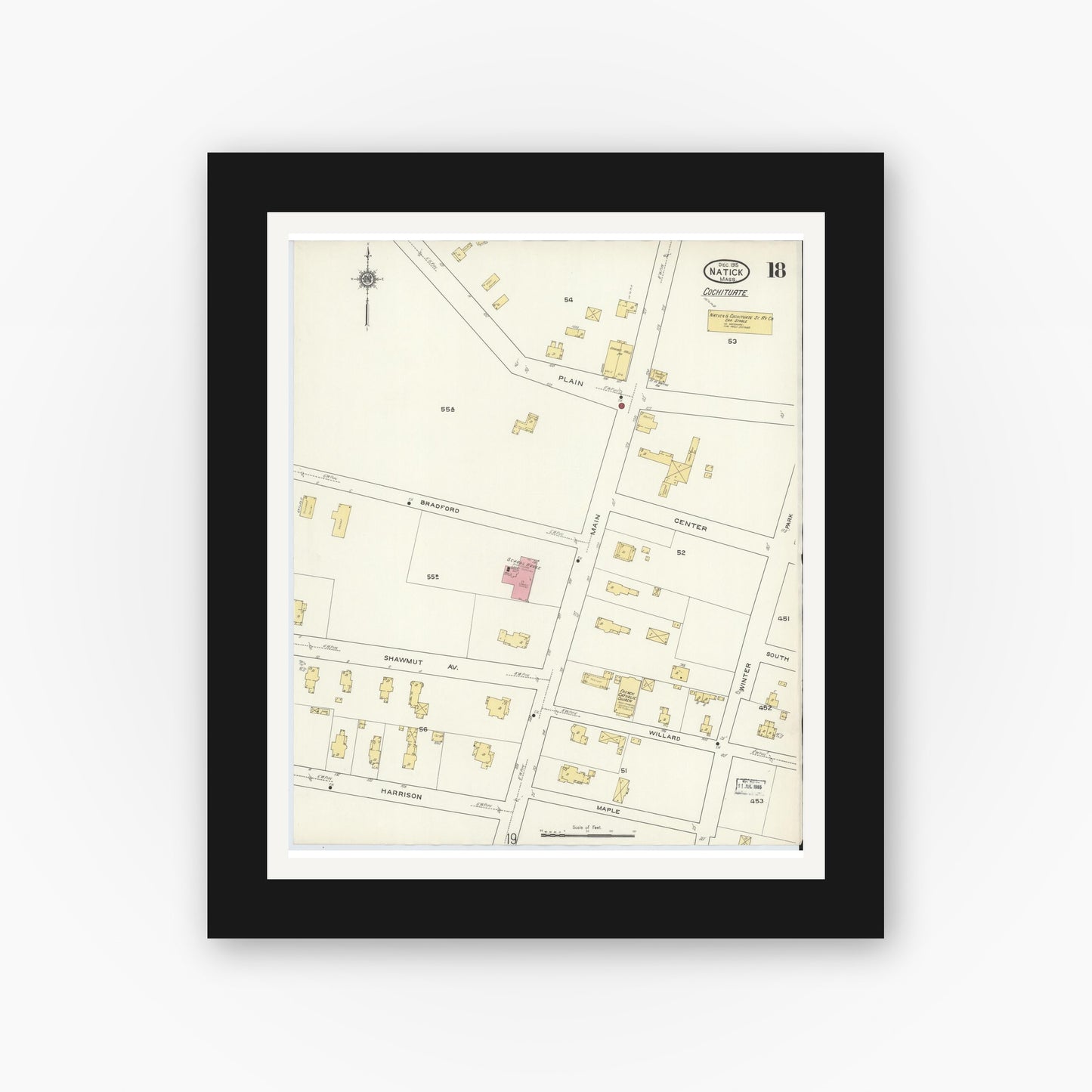 Old map wall art mockup — black gallery frame with white mat — Sanborn Fire Insurance Map from Natick, Middlesex County, Massachusetts (1915), Sheet #0018