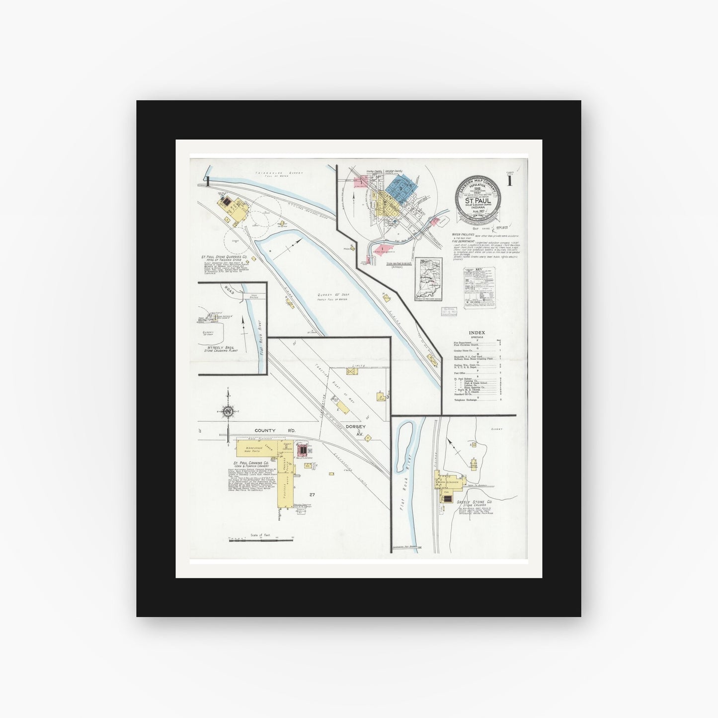 Old map wall art mockup — black gallery frame with white mat — Sanborn Fire Insurance Map from Saint Paul, Shelby And Decatur Counties, Indiana (1927), Sheet #0001