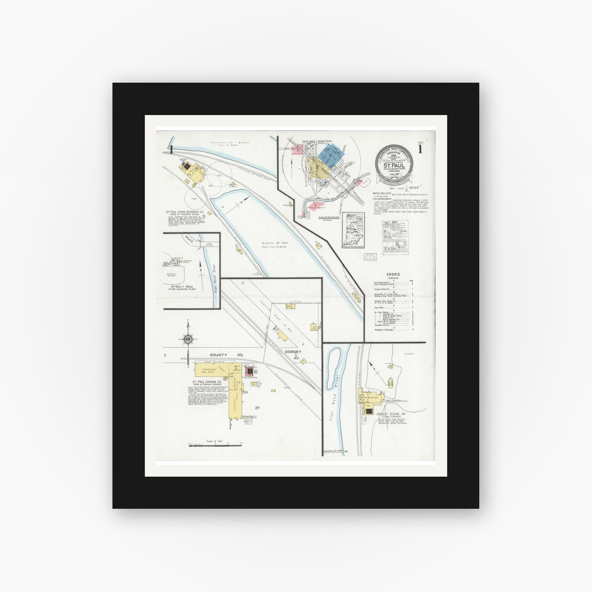 Old map wall art mockup — black gallery frame with white mat — Sanborn Fire Insurance Map from Saint Paul, Shelby And Decatur Counties, Indiana (1927), Sheet #0001