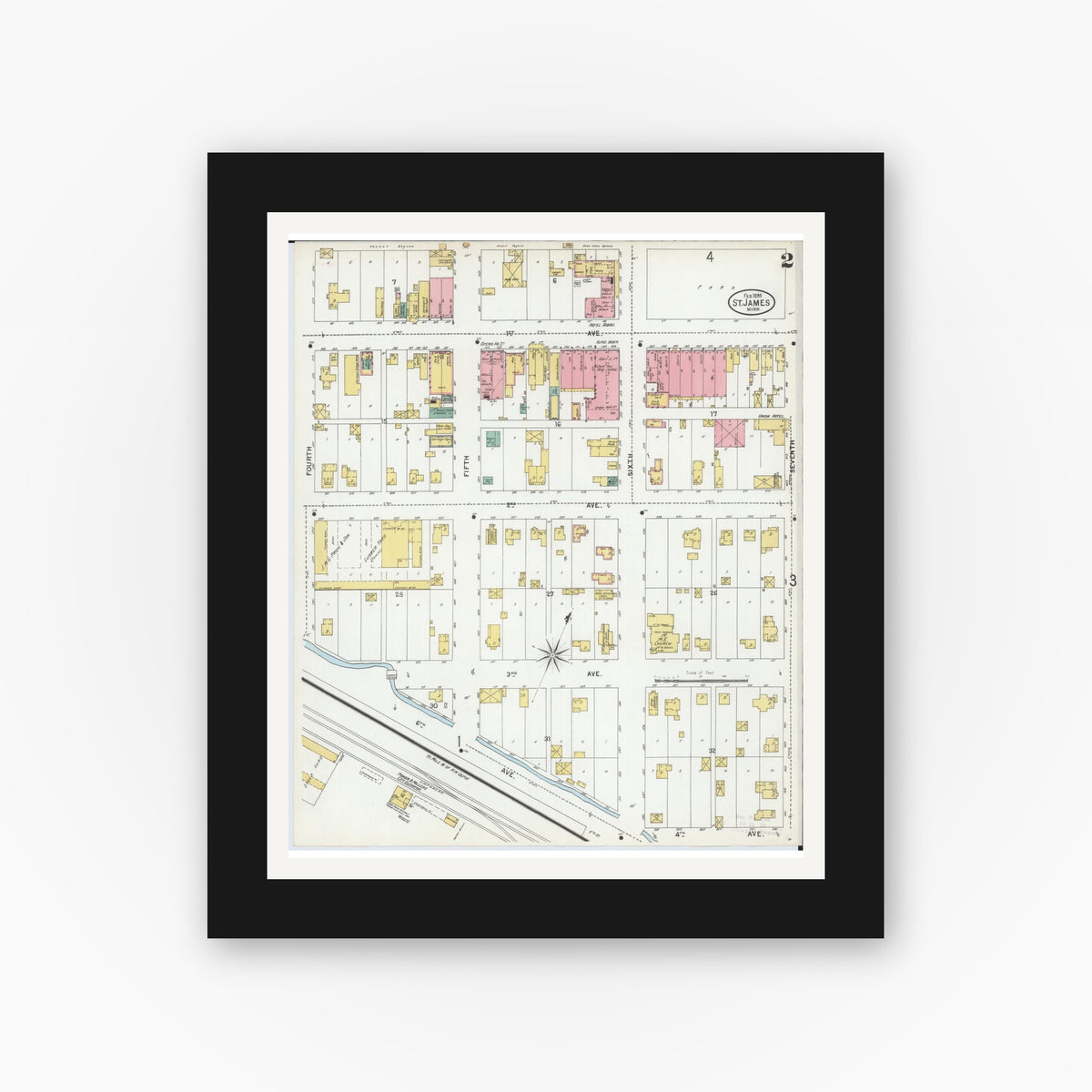 Old map wall art mockup — black gallery frame with white mat — Sanborn Fire Insurance Map from Saint James, Watonwan County, Minnesota (1899), Sheet #0002