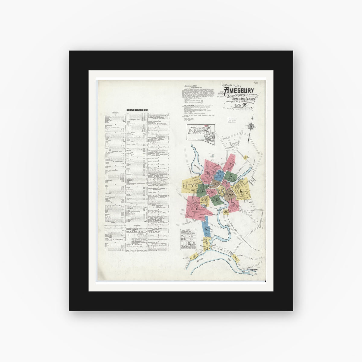 Old map wall art mockup — black gallery frame with white mat — Sanborn Fire Insurance Map from Amesbury, Essex County, Massachusetts (1918) - Complete Map Set