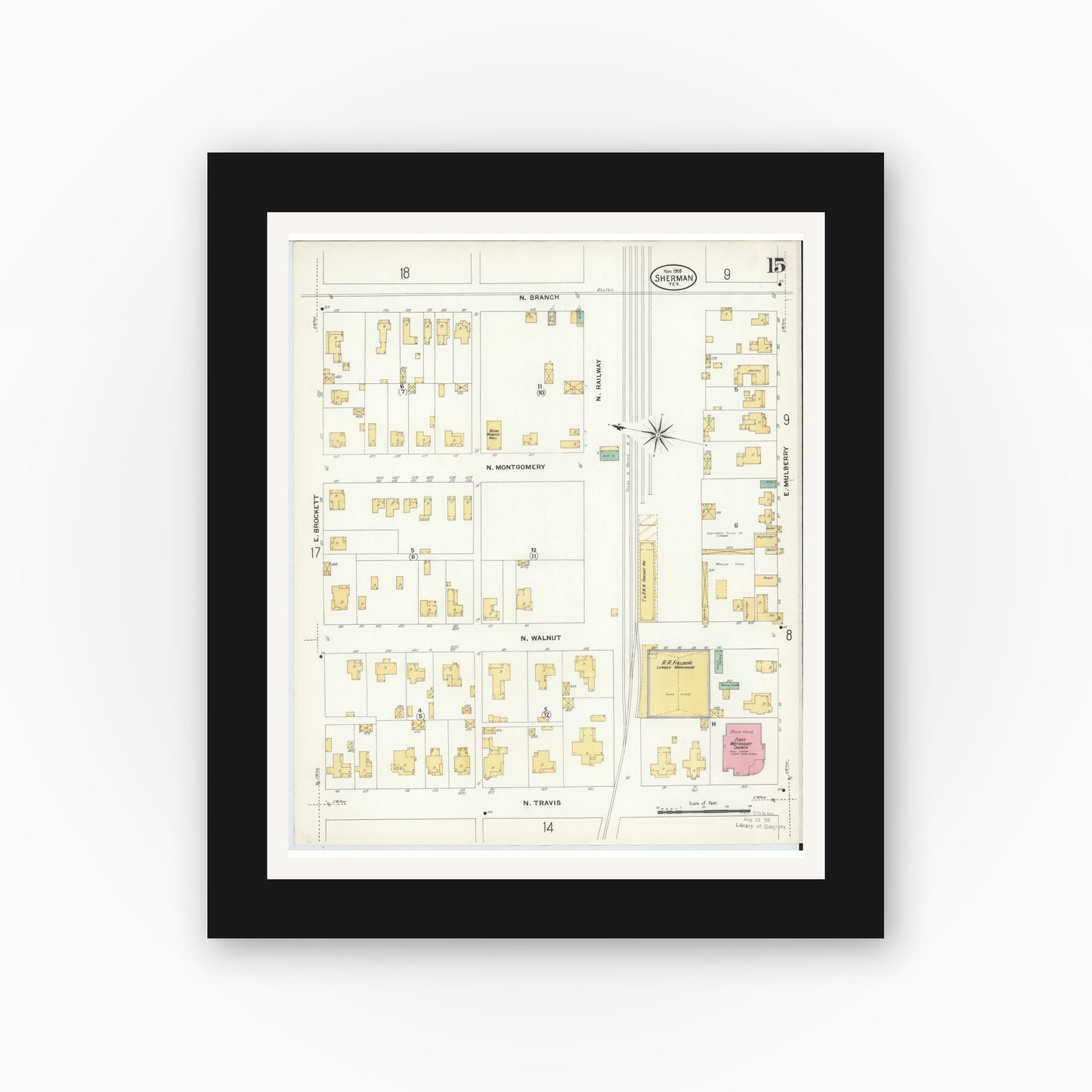 Old map wall art mockup — black gallery frame with white mat — Sanborn Fire Insurance Map from Sherman, Grayson County, Texas (1908), Sheet #0015