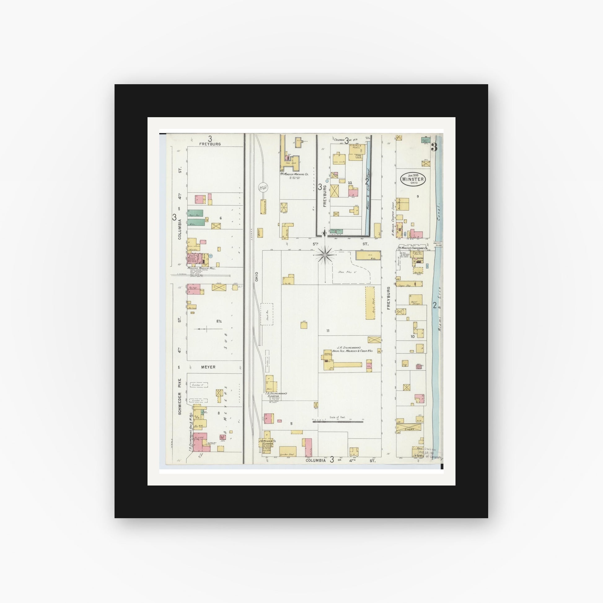 Old map wall art mockup — black gallery frame with white mat — Sanborn Fire Insurance Map from Minster, Auglaize County, Ohio (1899), Sheet #0003