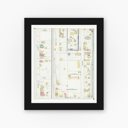 Old map wall art mockup — black gallery frame with white mat — Sanborn Fire Insurance Map from Minster, Auglaize County, Ohio (1899), Sheet #0003