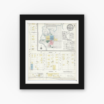 Old map wall art mockup — black gallery frame with white mat — Sanborn Fire Insurance Map from Breckenridge, Wilkin County, Minnesota (1914), Sheet #0001