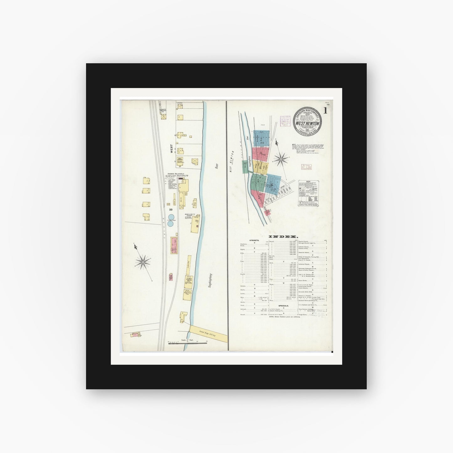 Old map wall art mockup — black gallery frame with white mat — Sanborn Fire Insurance Map from West Newton, Westmoreland County, Pennsylvania (1905), Sheet #0001