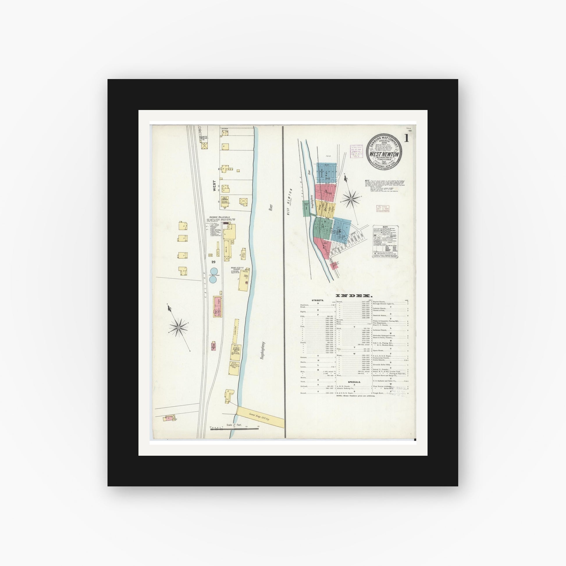 Old map wall art mockup — black gallery frame with white mat — Sanborn Fire Insurance Map from West Newton, Westmoreland County, Pennsylvania (1905), Sheet #0001