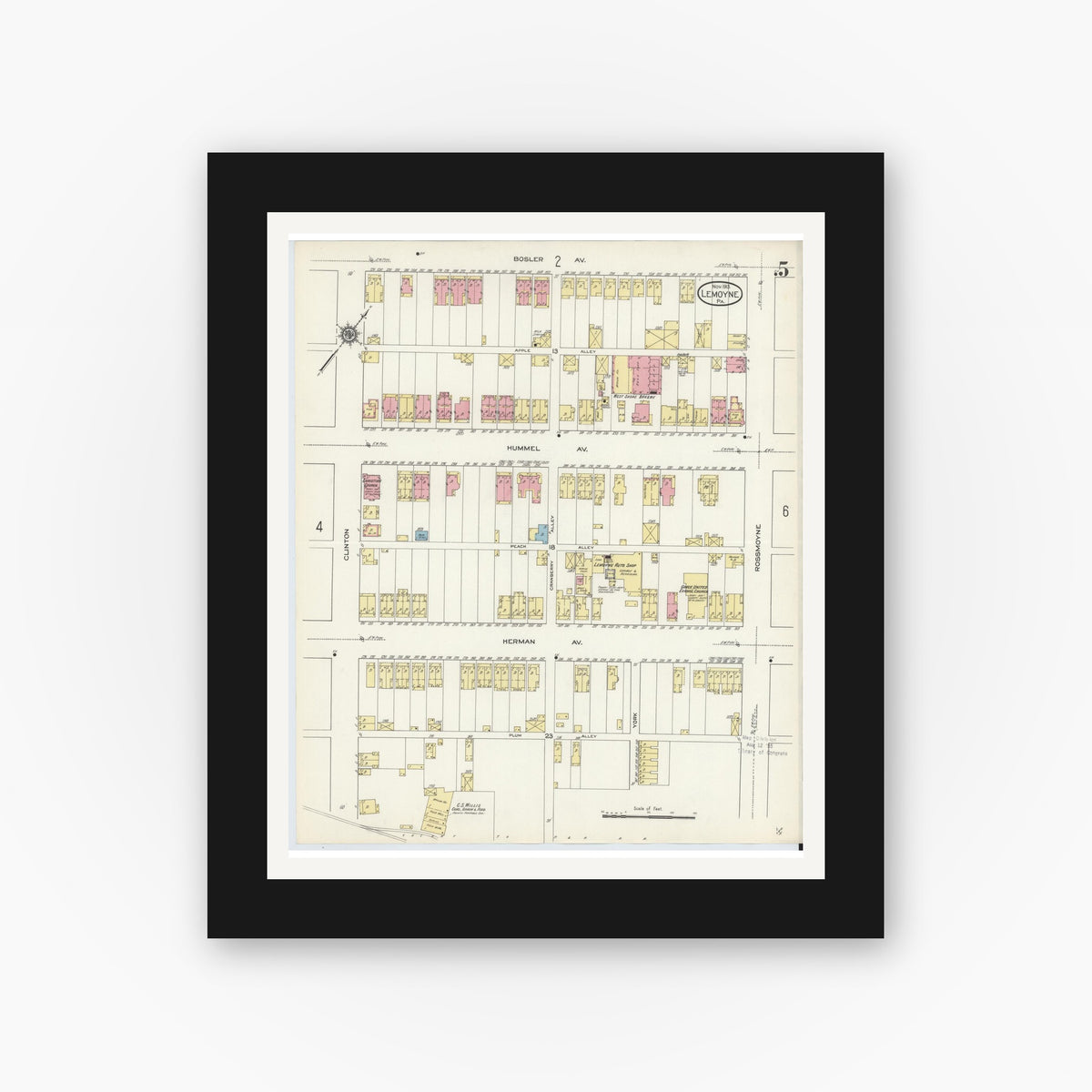 Old map wall art mockup — black gallery frame with white mat — Sanborn Fire Insurance Map from Lemoyne, Cumberland County, Pennsylvania (1913), Sheet #0005