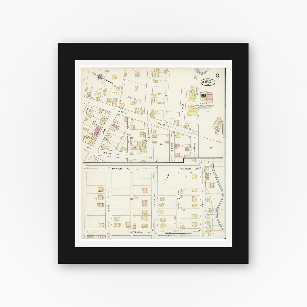 Old map wall art mockup — black gallery frame with white mat — Sanborn Fire Insurance Map from McDonald, Washington County, Pennsylvania (1915), Sheet #0008