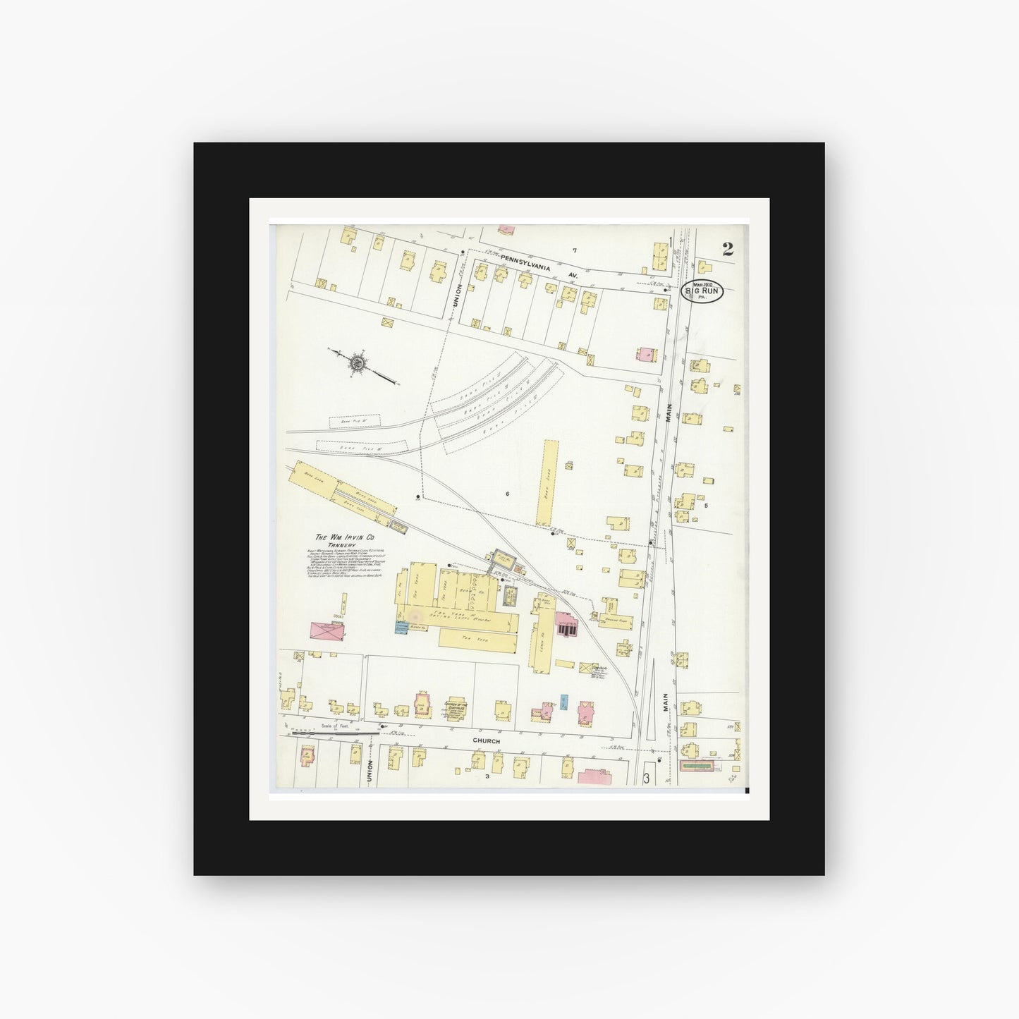 Old map wall art mockup — black gallery frame with white mat — Sanborn Fire Insurance Map from Big Run, Jefferson County, Pennsylvania (1910), Sheet #0002